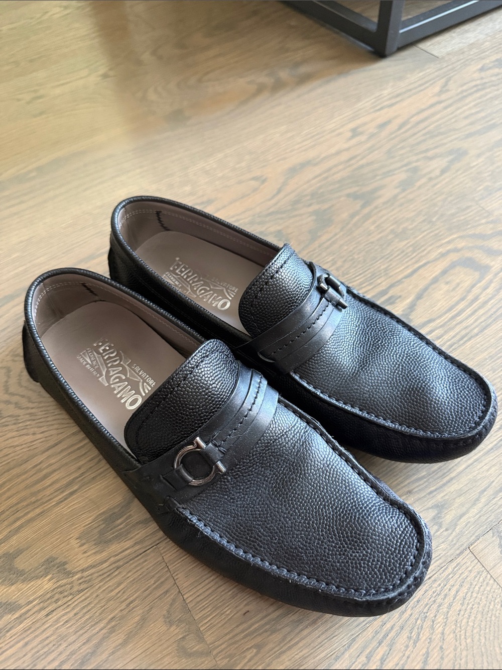 Salvatore Ferragamo Men’s Black Pebbled Leather Bit Loafers